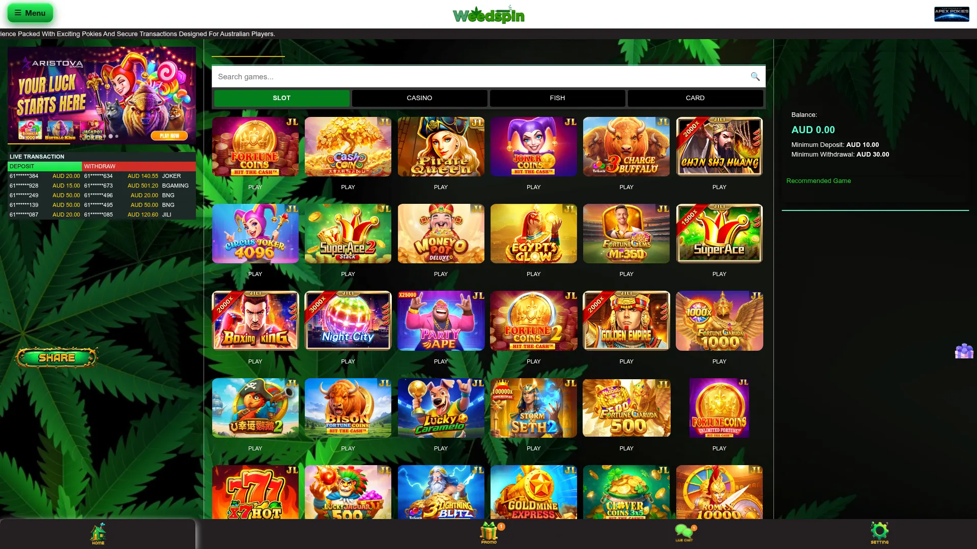 Weedspin Casino desktop browser interface with account and casino features