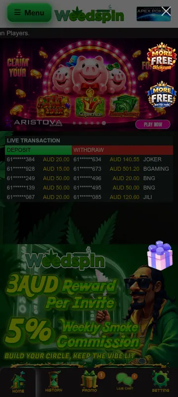 Weedspin Casino mobile browser interface on a smartphone